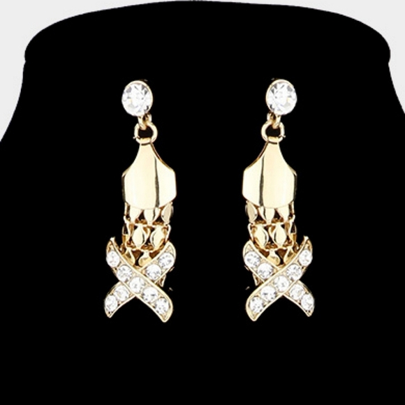 Gold 3 Piece X Crossed Crystal Necklace Jewelry Set Rhinestone Statement Chain - Picture 3 of 5